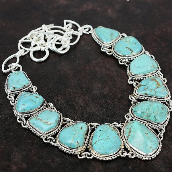 Turquoise Necklace Silver Handmade Necklace Tibetan Turquoise Necklace Turquoise Raw Stone Necklace Rough Stone Necklace