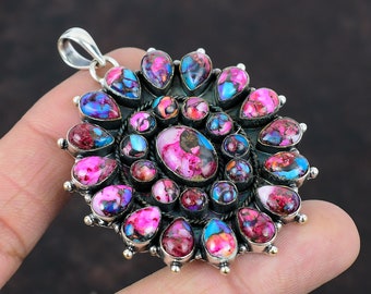 Turquoise Pendant Natural Kingman Pink Dahlia Turquoise Navajo Turquoise Natural Pink Spiny Oyster Sterling Silver Handmade Pendant