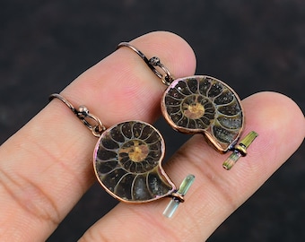 Ammonite Fossil Gemstone Earring Sea Lovers Jewelry Electroformed Copper Wire Wrapped Fossil Earring Jewelry
