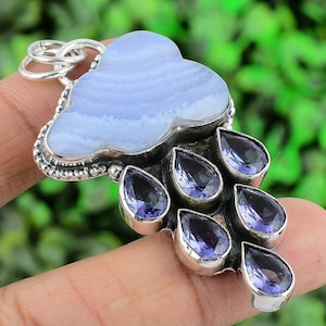 Cloud Blue Lace Agate Gemstone PendantAmethyst Gemstone.925 Sterling Silver Handmade Pendant