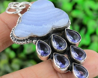 Pendentif dentelle agate bleu nuage, pierre précieuse améthyste. Pendentif fait main en argent sterling 925