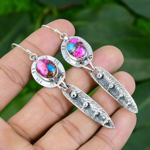 Natürliche Kingman Pink Dahlia Ohrring Multi Türkis Natürliche Rosa Spiny Oyster Silber Ohrring Handgemachte Ohrring Valentine