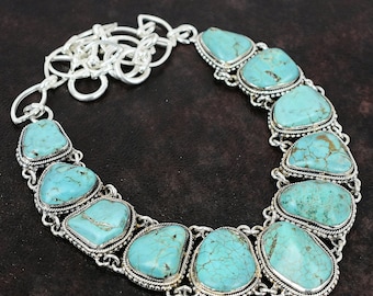 Turquoise Necklace Silver Handmade Necklace Tibetan Turquoise Necklace Turquoise Raw Stone Necklace Rough Stone Necklace