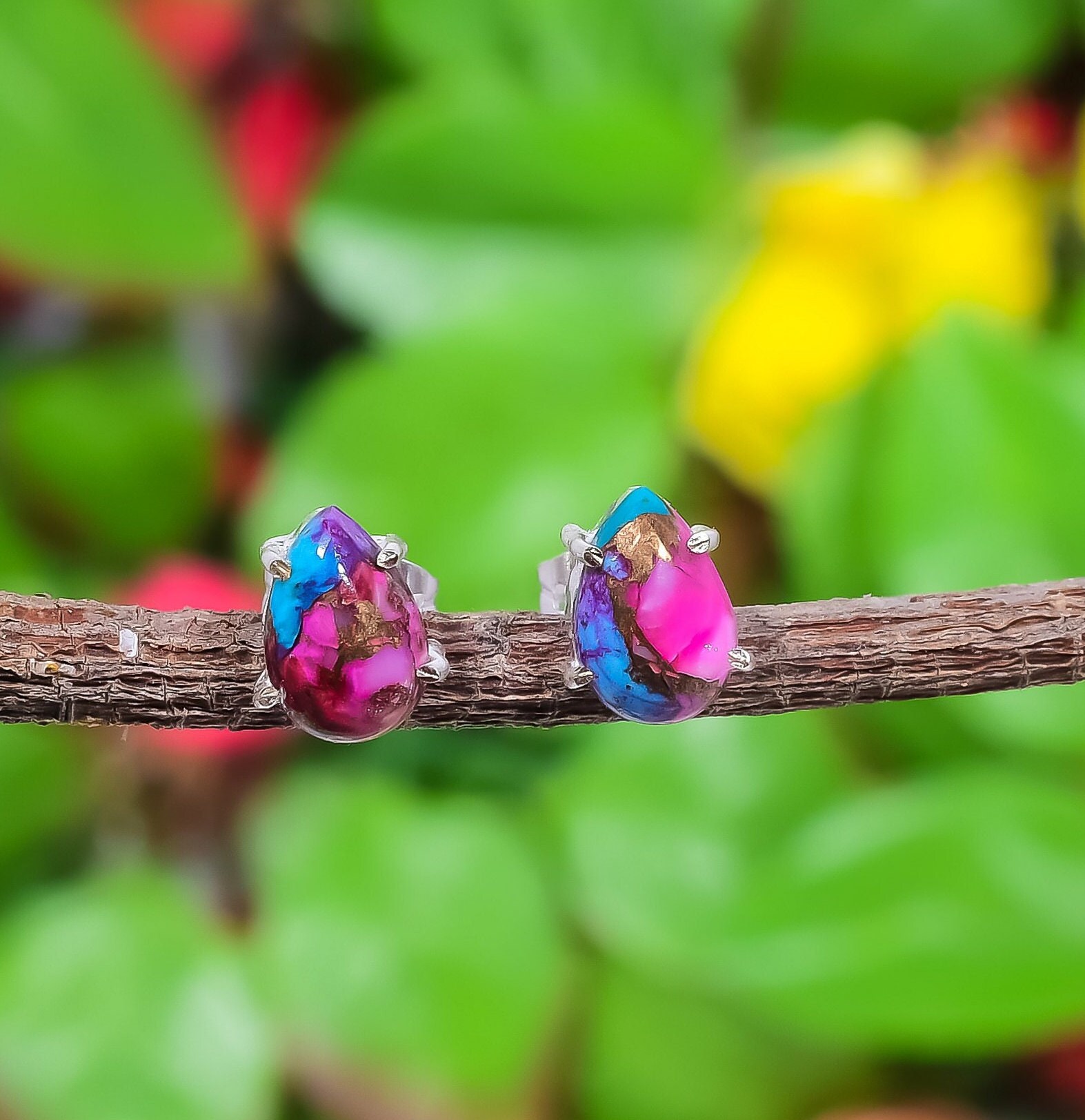 Pink Spiny Oyster Turquoise  Earrings Sterling Silver Gemstone Stud Earrings 8*12 Pear Spiny Oyster Turquoise Gemstone Stud Earrings