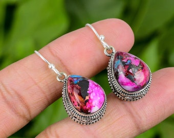 Natural Kingman Pink Dahlia Earring Multi Turquoise Natural Pink Spiny Oyster Silver Earring Handmade Earring Valentine gift