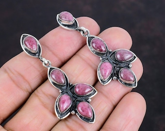 Bijoux en argent faits à la main Boucles d'oreilles Boucles d'oreilles en rhodonite Boucles d'oreilles en argent Rhodonite Boucles d'oreilles pendantes/pendentives en rhodonite Cadeau pour elle