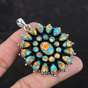 Turquoise Spiny Oyster Gemstone Pendant, Multi Stone Cluster Pendant, 925 Sterling Silver Pendant, Kingman Spiny Oyster Turquoise  Pendant
