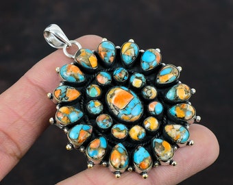Turquoise Spiny Oyster Gemstone Pendant, Multi Stone Cluster Pendant, 925 Sterling Silver Pendant, Kingman Spiny Oyster Turquoise  Pendant