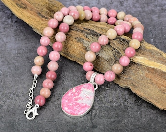 Collana con perline Thulite Ciondolo pietra preziosa Thulite Pietra preziosa naturale Gioielli in argento sterling Pietra preziosa rosalina Zoisite Pietra preziosa rosa rosato