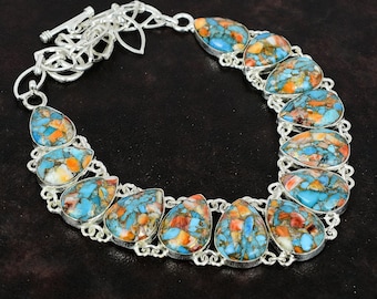 Turquoise Necklace Natural Kingman Spiny Oyster Turquoise Multi Coloured Turquoise Natural Spiny Oyster Silver Handmade Necklace