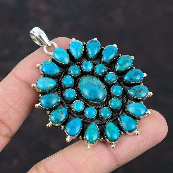 Chrysocolla Gemstone Pendant Multi Stone Navajo Cluster Pendant 925 Sterling Silver Pendant Natural Chrysocolla Gemstone Pendant Gift