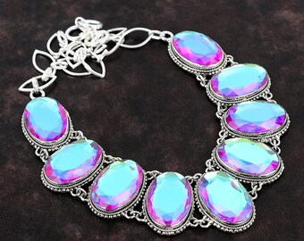 Collar de cuarzo con aura de ángel hecho a mano: ovalado, plata de ley 925
