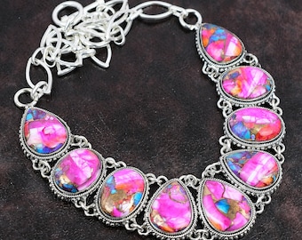 Handmade Spiny Oyster Necklace: Sterling Silver, Pink Dahlia Turquoise