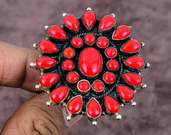 Handmade Navajo Sterling Silver Red Coral Gemstone Ring