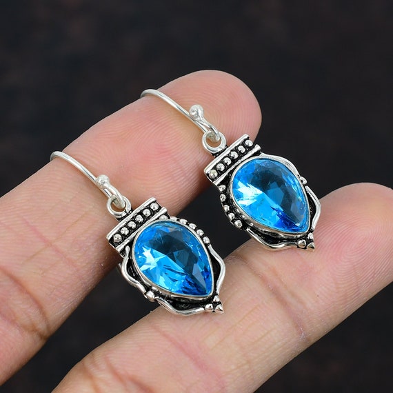 Boucles D'oreilles En Argent Sterling 925 Avec Topaze Bleue - Fait Main, Pendantes, Neuf Sans Boîte