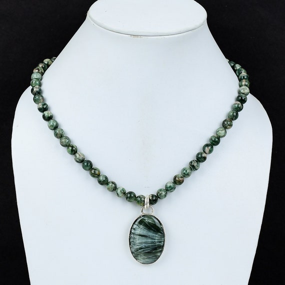 Sterling Silver Beaded Seraphinite Oval Pendants Sterling Silver Beaded Seraphinite Oval Pendants