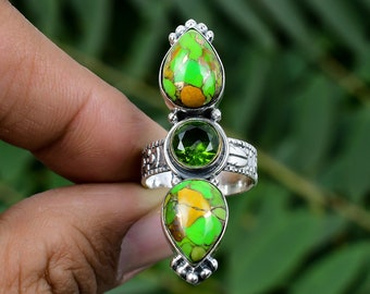 Handmade Sterling Silver Green Copper Turquoise & Peridot Ring