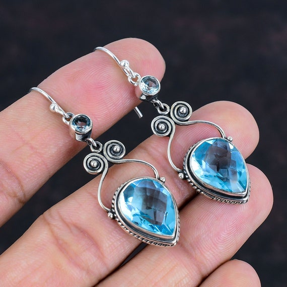 Orecchini In Argento Sterling Con Gemma Topazio Blu Cielo - Foto 8