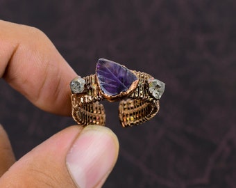 Carved Amethyst Gemstone Copper Ring Electroformed Copper Wire Wrapped Adjustable Ring Herkimer Diamond Ring Electroplated Gemstone Ring