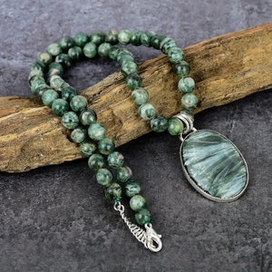 Seraphinite Beaded Necklace Seraphinite Gemstone Pendant 8MM Round Beads Necklace Sterling Silver Jewelry Necklace Natural Gemstone Necklace