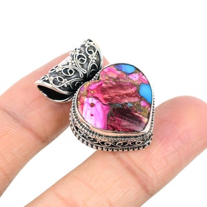 Turquoise Pendant Natural Kingman Pink Dahlia Turquoise Natural Pink Spiny Oyster Turquoise Sterling Silver Pendant Heart Shape Pendant