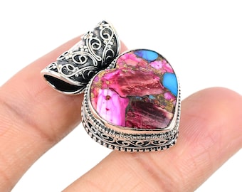 Turquoise Pendant Natural Kingman Pink Dahlia Turquoise Natural Pink Spiny Oyster Turquoise Sterling Silver Pendant Heart Shape Pendant
