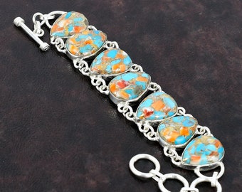 Turquoise BraceletNatural Kingman Spiny Oyster TurquoiseMulti Coloured TurquoiseNatural Spiny OysterSilver Handmade Bracelet