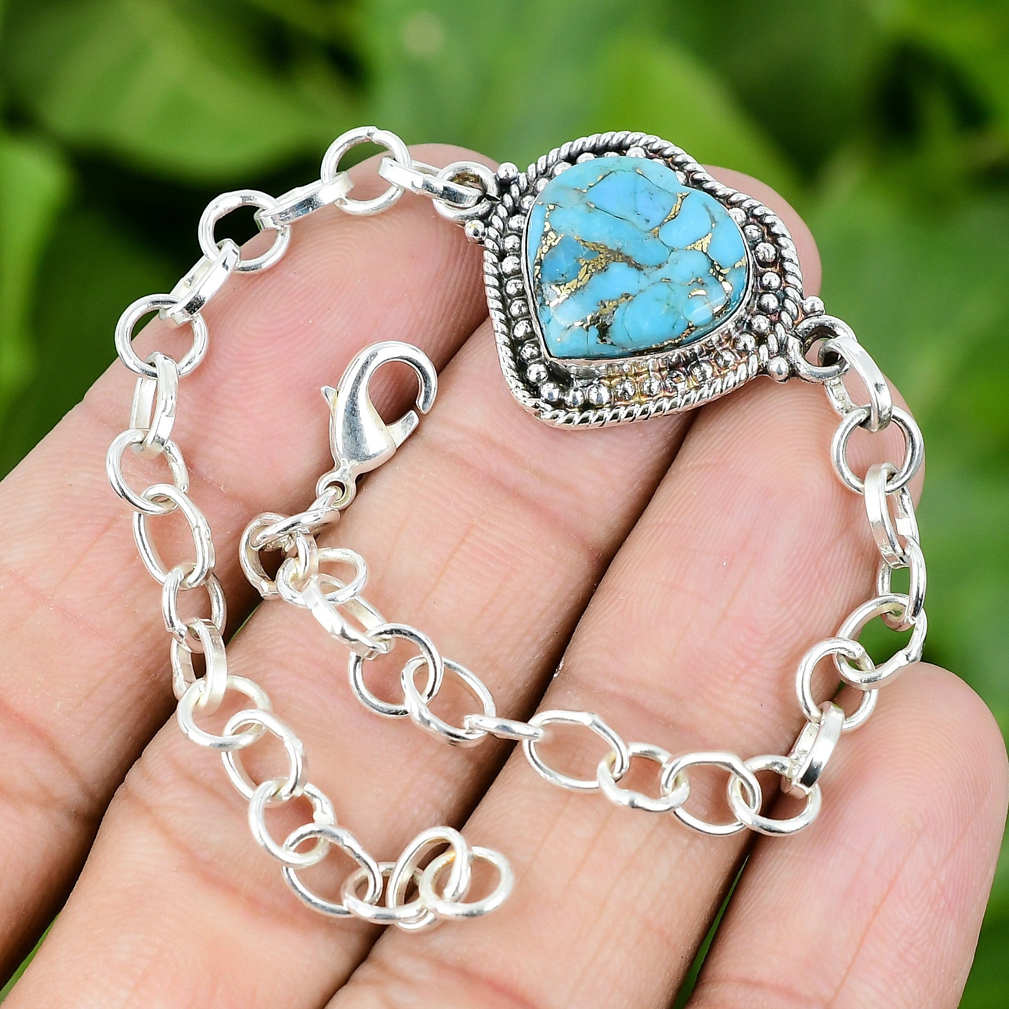 Heart Turquoise Sterling Silver Bracelet: Adjustable Blue Copper