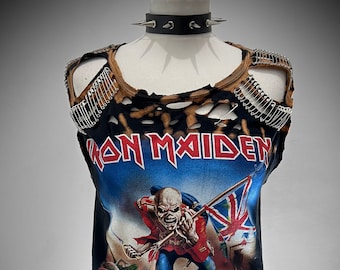 MADE TO ORDER The Stitches Iron Maiden The Trooper Tee : Safety pins, metal, punk, distressed, bleached, rock, bespoke t shirt