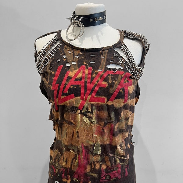 THE STITCHES Distressed Rock Collection Slayer T-shirt : Safety pins, metal, bleached, rock, bespoke t shirt