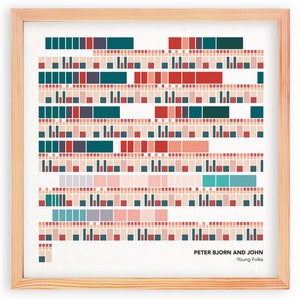 Könnte beinhalten: Ein gerahmter Druck eines farbenfrohen abstrakten Designs mit einem Raster aus Quadraten in Rot-, Türkis- und Beigetönen. Der Druck trägt den Text "PETER BJORN AND JOHN" und "Young Folks" unten.
