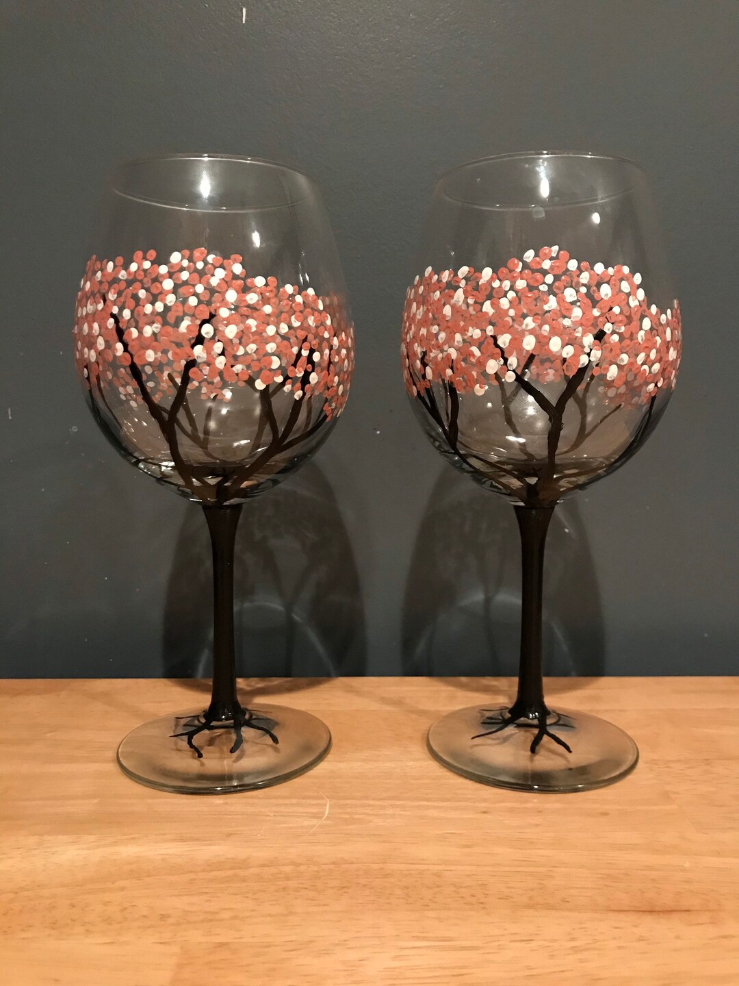 Hand Painted Red Wine Glasses Blooming Cherry Tree 18 Oz Set of Two