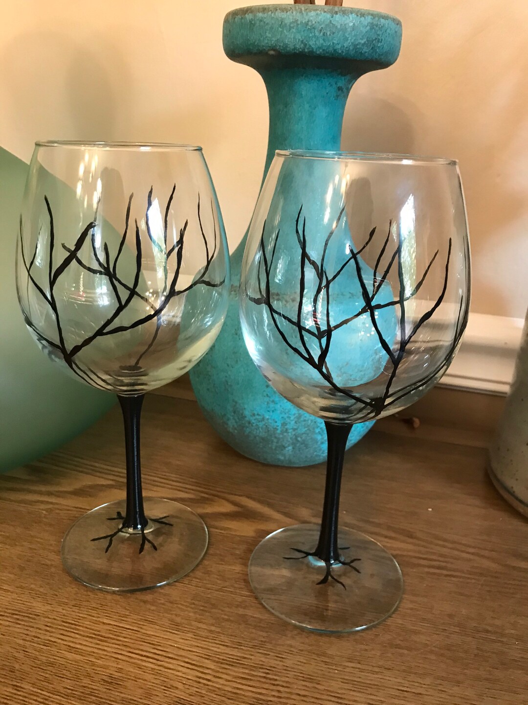 Hand Painted Red Wine Glasses Bare Tree 18 Oz Set of Two, Fall Wine