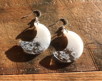 Crescent Moon White with Silver Flake |Earrings | White Earrings | Resin  Earrings