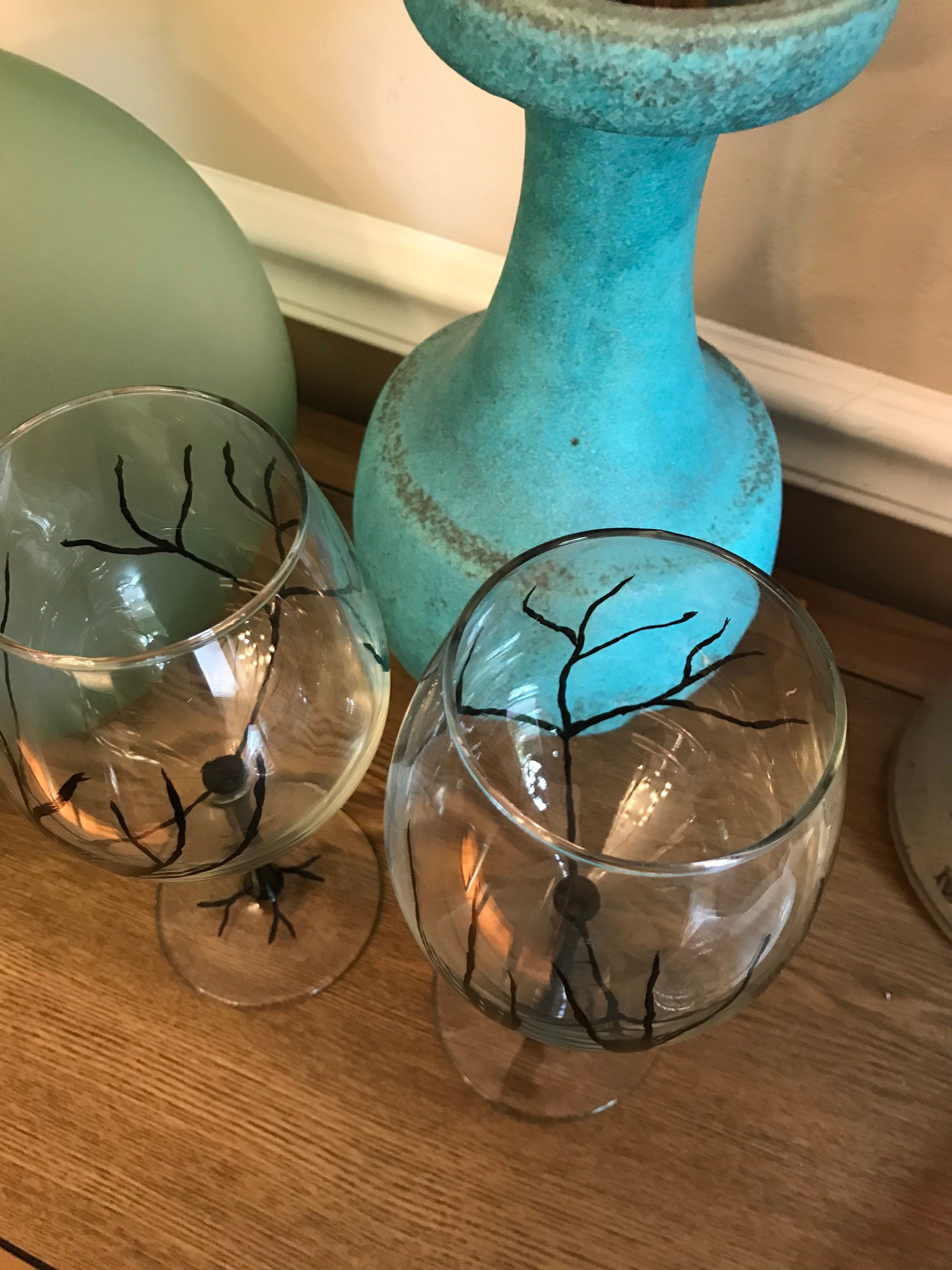 Hand Painted Red Wine Glasses Bare Tree 18 Oz Set of Two, Fall Wine