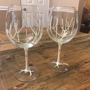 Hand Painted Red Wine - 18 oz Glass - Birch Tree- Set of Two