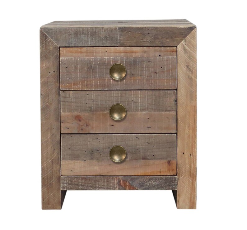 Bedside Table Side Coffee Wooden Natural Reclaimed Wood 3 Drawer Nightstand