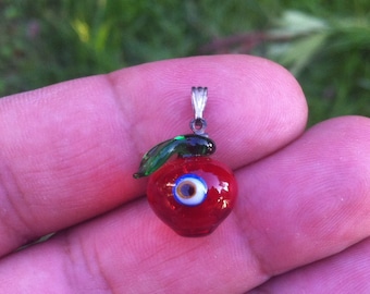 Glass apple pendant, apple pendant with evil eye, murano glass apple pendant, murano evil eye pendant, art glass pendant, charm pendant