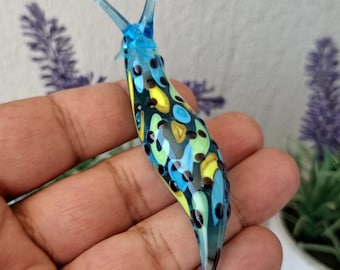 Handmade Flamework Glass Slug Figurine – Blue Lampwork Art Glass Slug Sculpture – Miniature Glass Animal Collectible Nature Gift