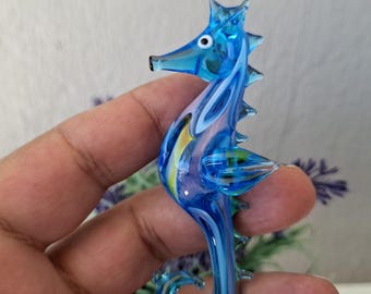 Blue Glass Seahorse Figurine, Handmade Flamework Sea Horse Sculpture, Ocean Decor, Coastal Gift, Miniature Glass Animal, Nautical Art