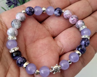 Handmade Glass Beaded Bracelet with Turtle Charm, Dainty Ocean Jewelry