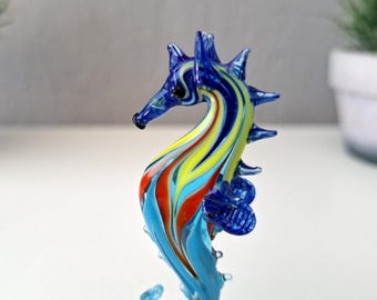 Glass sea horse, sea horse ornament, murano sea horse, blown glass seahorse figurine, glass figurine, glass sea animals, colorful seahorse