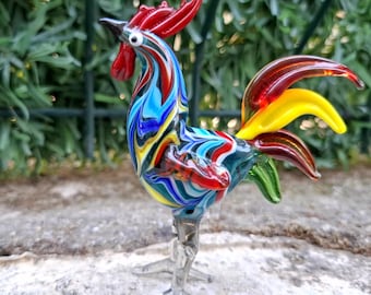Handmade Flamework Glass Rooster Figurine | Colorful Lampwork Glass Chicken Sculpture | Farmhouse Decor | Miniature Bird Gift