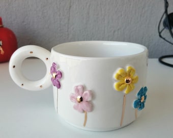Flower coffee mug, ceramic mug with flowers, flower engraved mug, floral coffee mug, handmade ceramic mug, christmas gift, gift for her
