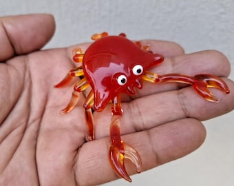 Handmade Flamework Glass Crab – Red & Amber Lampwork Sea Animal Figurine