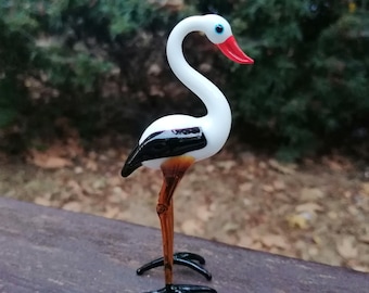 Glass Stork, hand blown stork figurine, stork ornament, art glass stork, glass bird, glass animals,murano bird, miniature glass stork