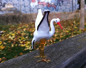 Glass Stork, hand blown stork figurine, stork ornament, art glass stork, glass bird, glass animals,murano bird, miniature glass stork