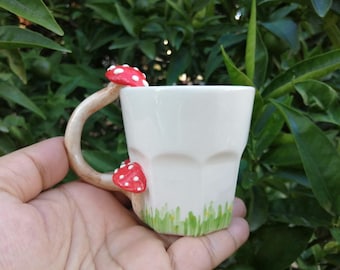 mushroom coffee mug, ceramic mug with mushroom, mushroom engraved mug, nature themed coffee mug, handmade ceramic mug, christmas gift