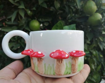 mushroom coffee mug, ceramic mug with mushroom, mushroom engraved mug, nature themed coffee mug, handmade ceramic mug, christmas gift