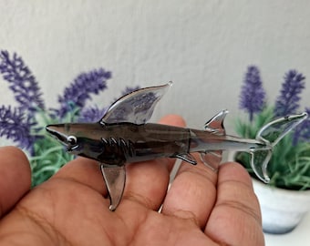 Handmade Flamework Glass Shark – Miniature Ocean Animal Figurine | Lampwork Glass Sea Life Sculpture | Nautical Gift | Coastal Home Decor